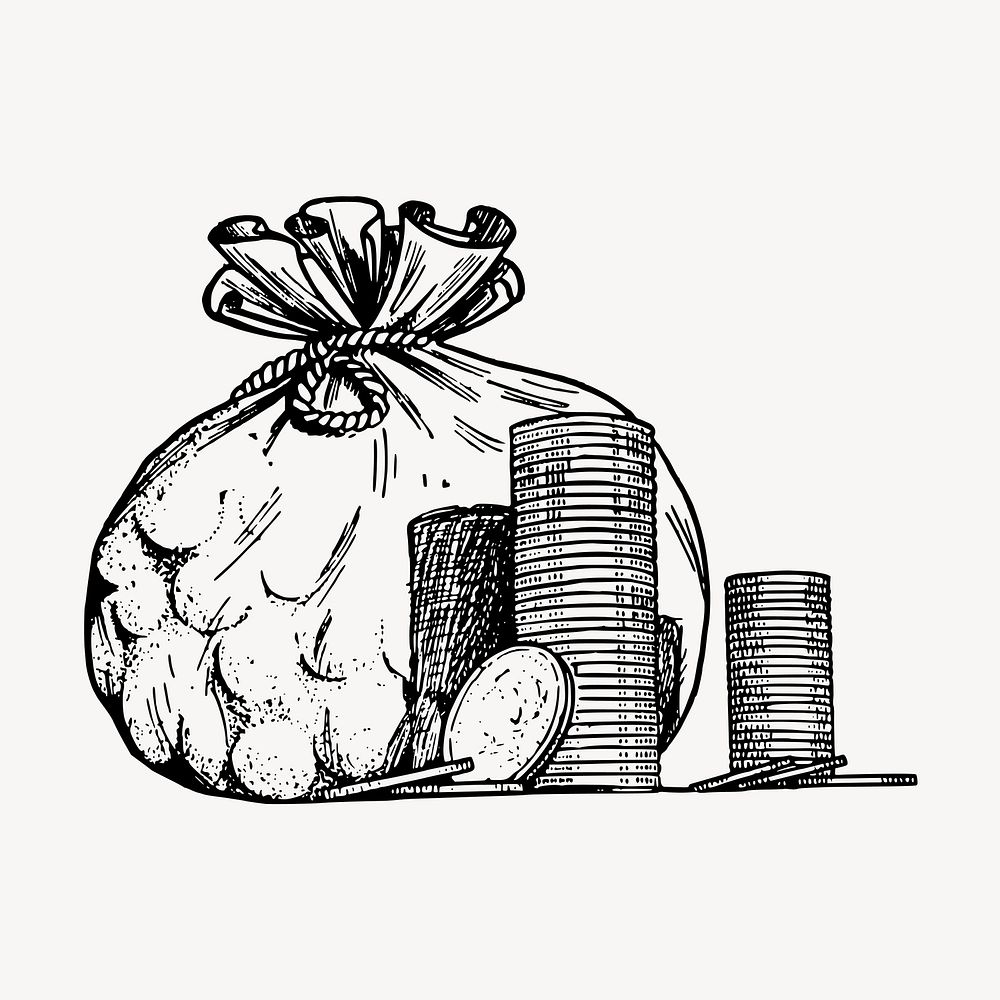 Money bag drawing, vintage finance illustration vector. Free public domain CC0 image.