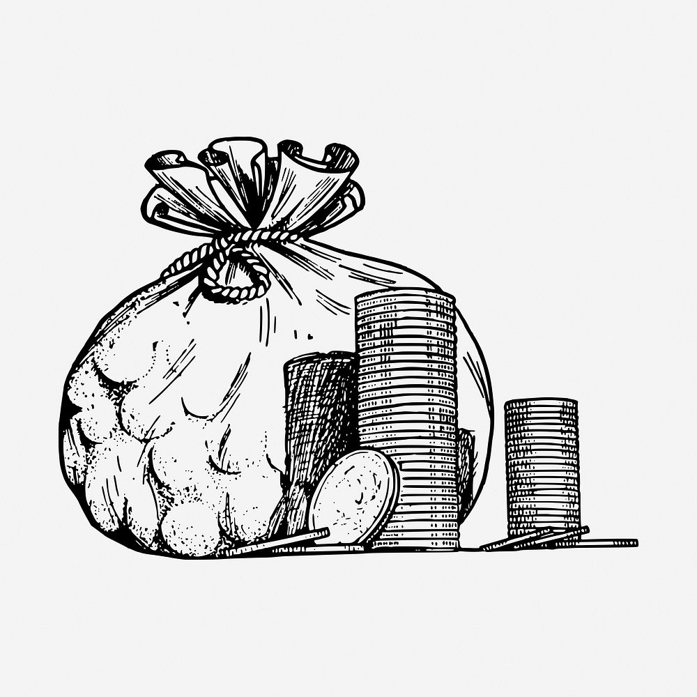 Money bag drawing, vintage finance illustration. Free public domain CC0 image.