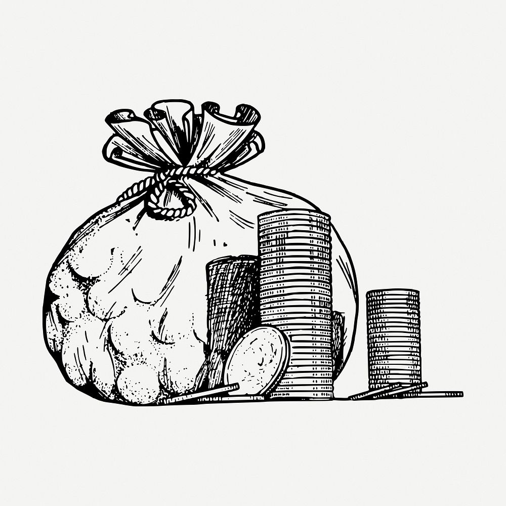 Money bag drawing, vintage finance illustration psd. Free public domain CC0 image.