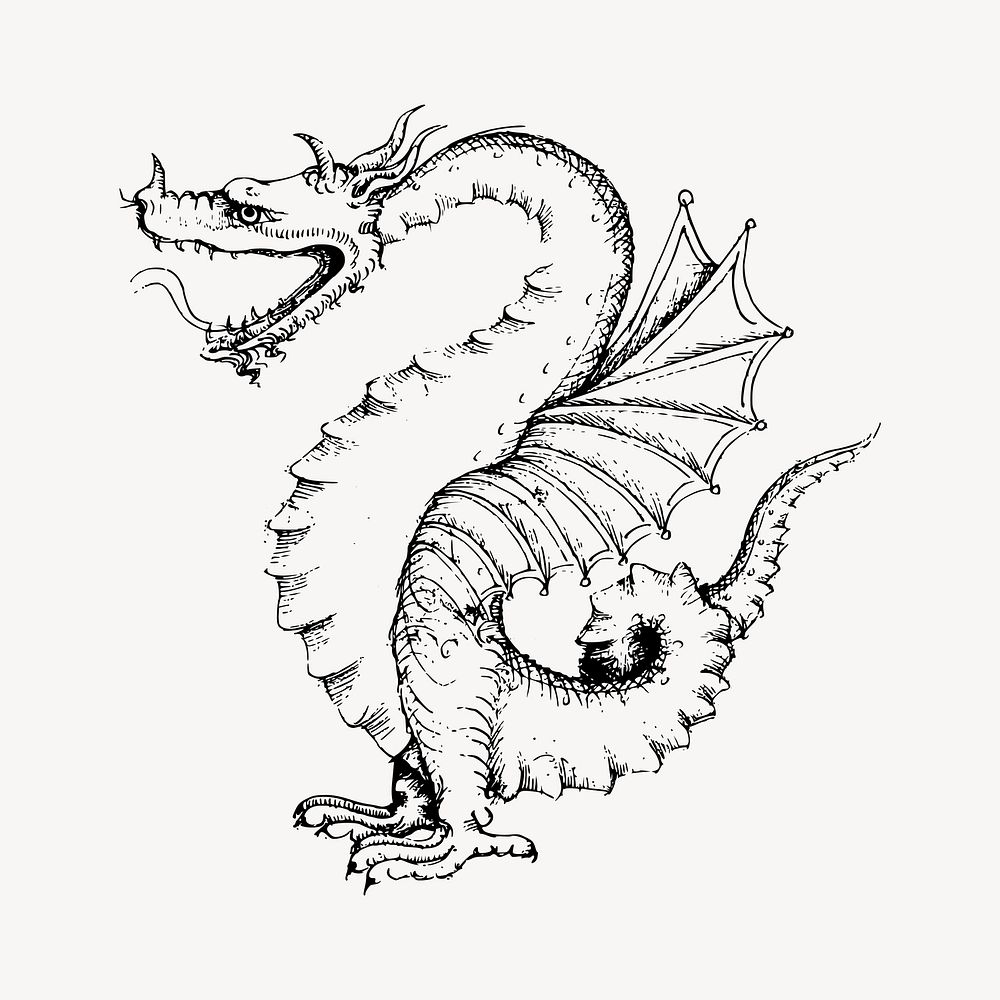 Dragon drawing, vintage mythical creature illustration vector. Free public domain CC0 image.