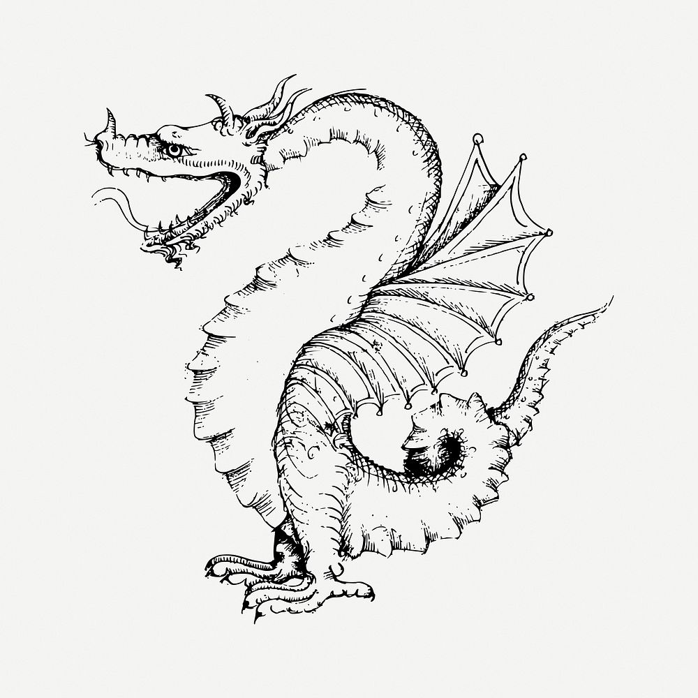 Dragon drawing, vintage mythical creature illustration psd. Free public domain CC0 image.