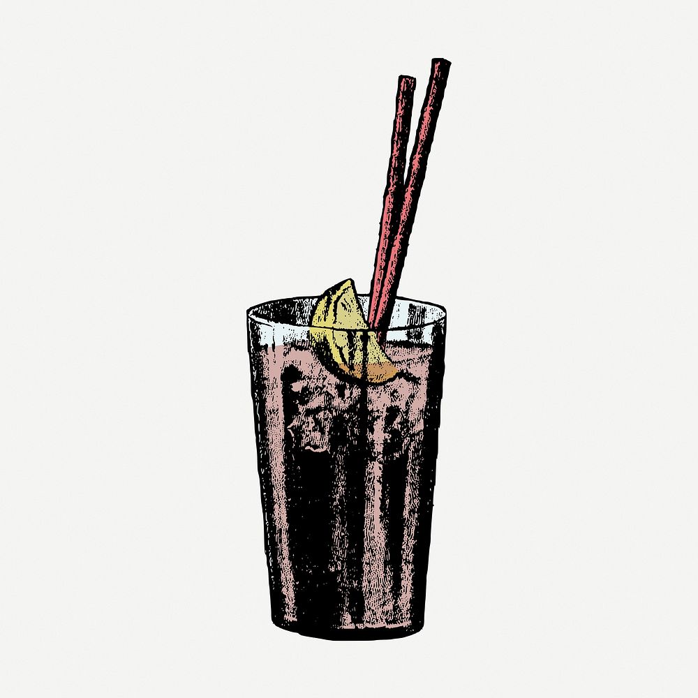 Iced lemonade sticker, vintage beverage illustration psd. Free public domain CC0 image.