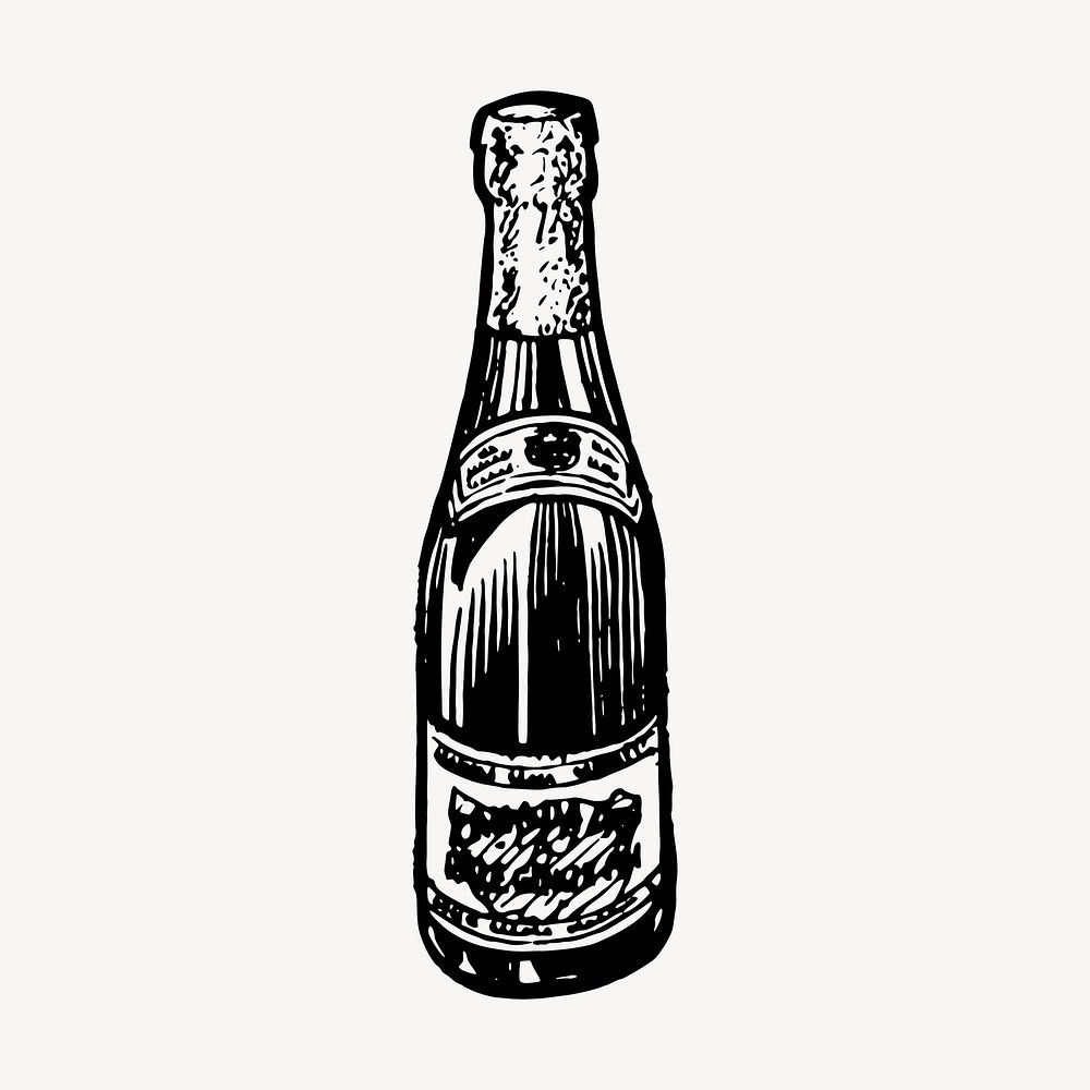Champagne bottle drawing, vintage object illustration vector. Free public domain CC0 image.