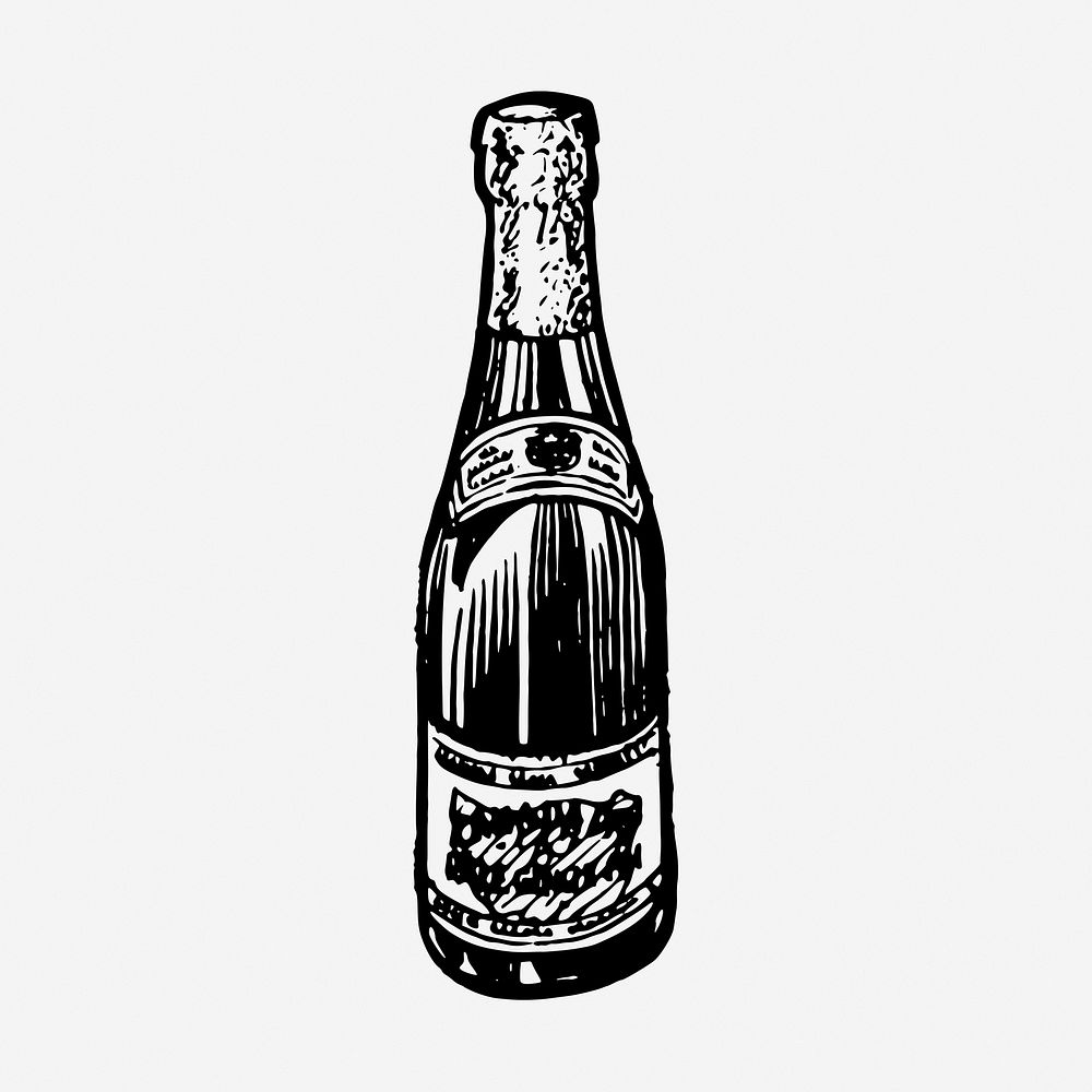 Champagne bottle drawing, vintage object illustration. Free public domain CC0 image.