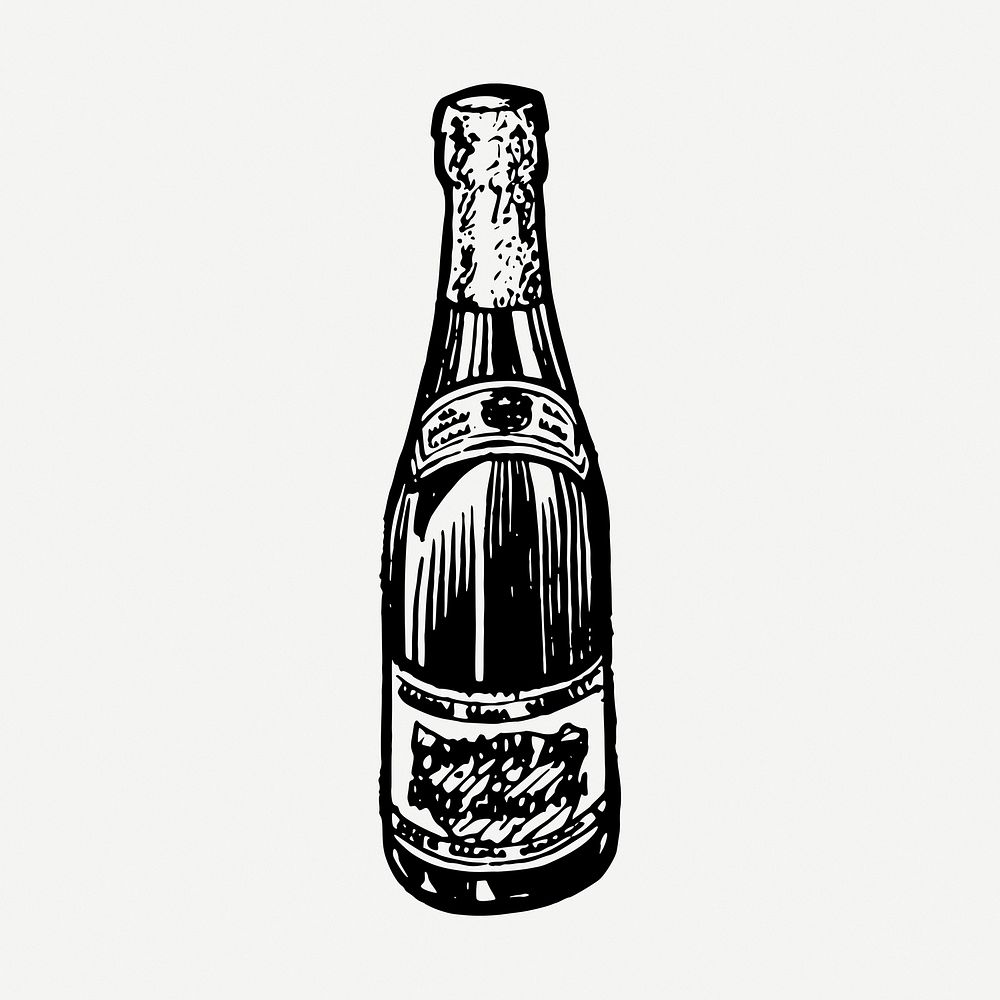 Champagne bottle drawing, vintage object illustration psd. Free public domain CC0 image.