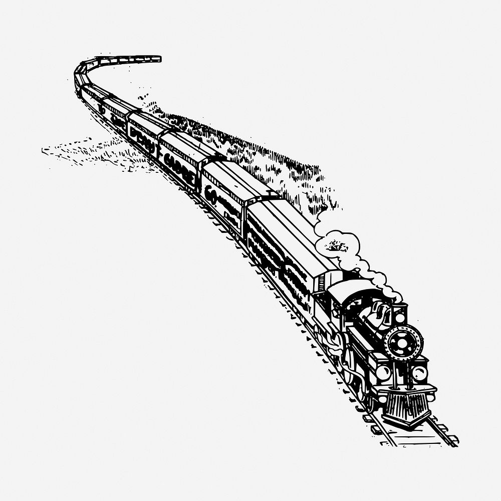 Train drawing, vintage transportation illustration. Free public domain CC0 image.