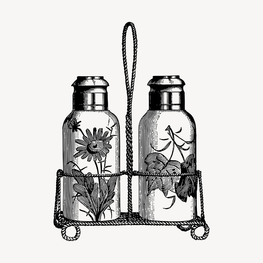 Floral spice bottles drawing, vintage object illustration vector. Free public domain CC0 image.