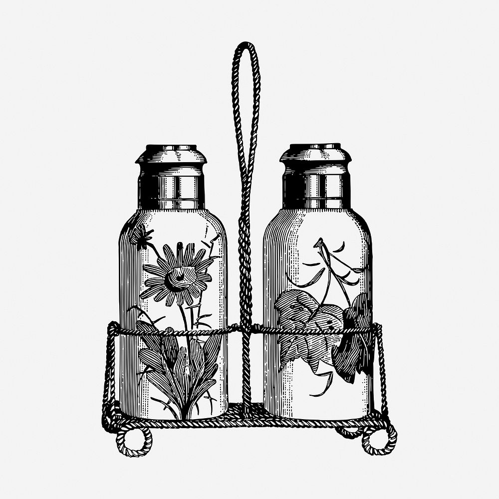 Floral spice bottles drawing, vintage object illustration. Free public domain CC0 image.