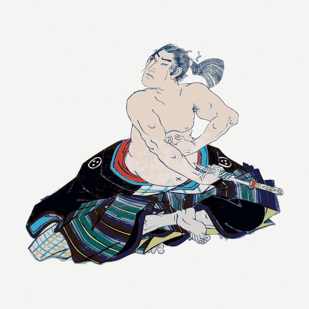 Japanese man performing Seppuku sticker, vintage  illustration psd. Free public domain CC0 image.