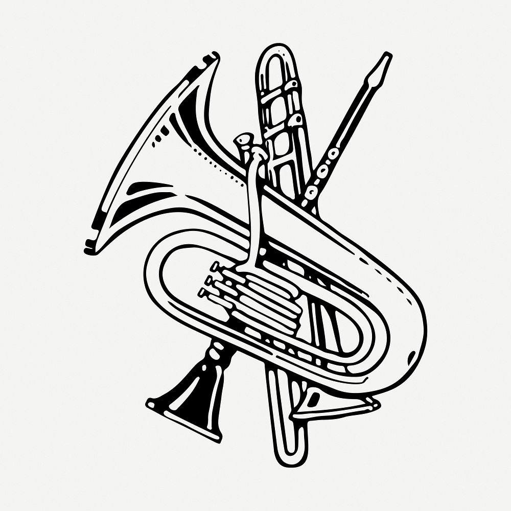 Brass instruments drawing, vintage music illustration psd. Free public domain CC0 image.