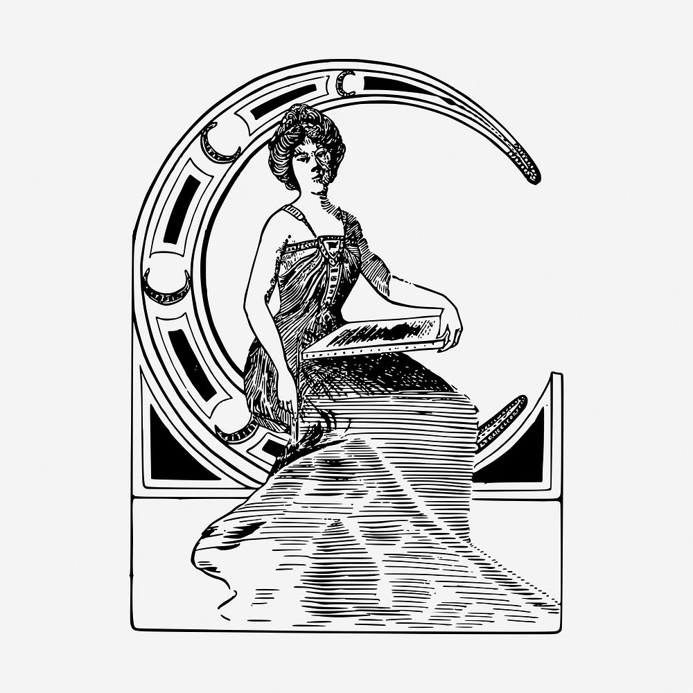 Lady sitting on crescent moon drawing, vintage illustration. Free public domain CC0 image.