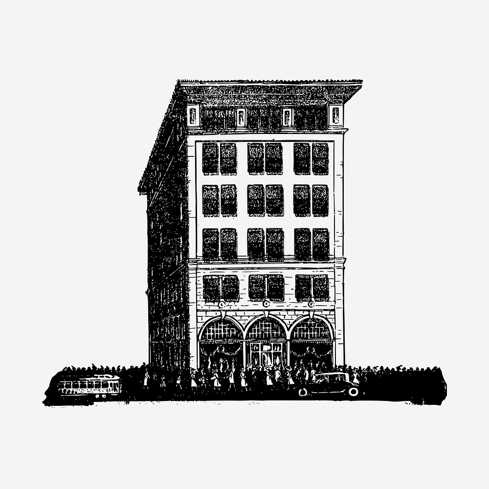 Hotel building drawing, vintage architecture illustration. Free public domain CC0 image.