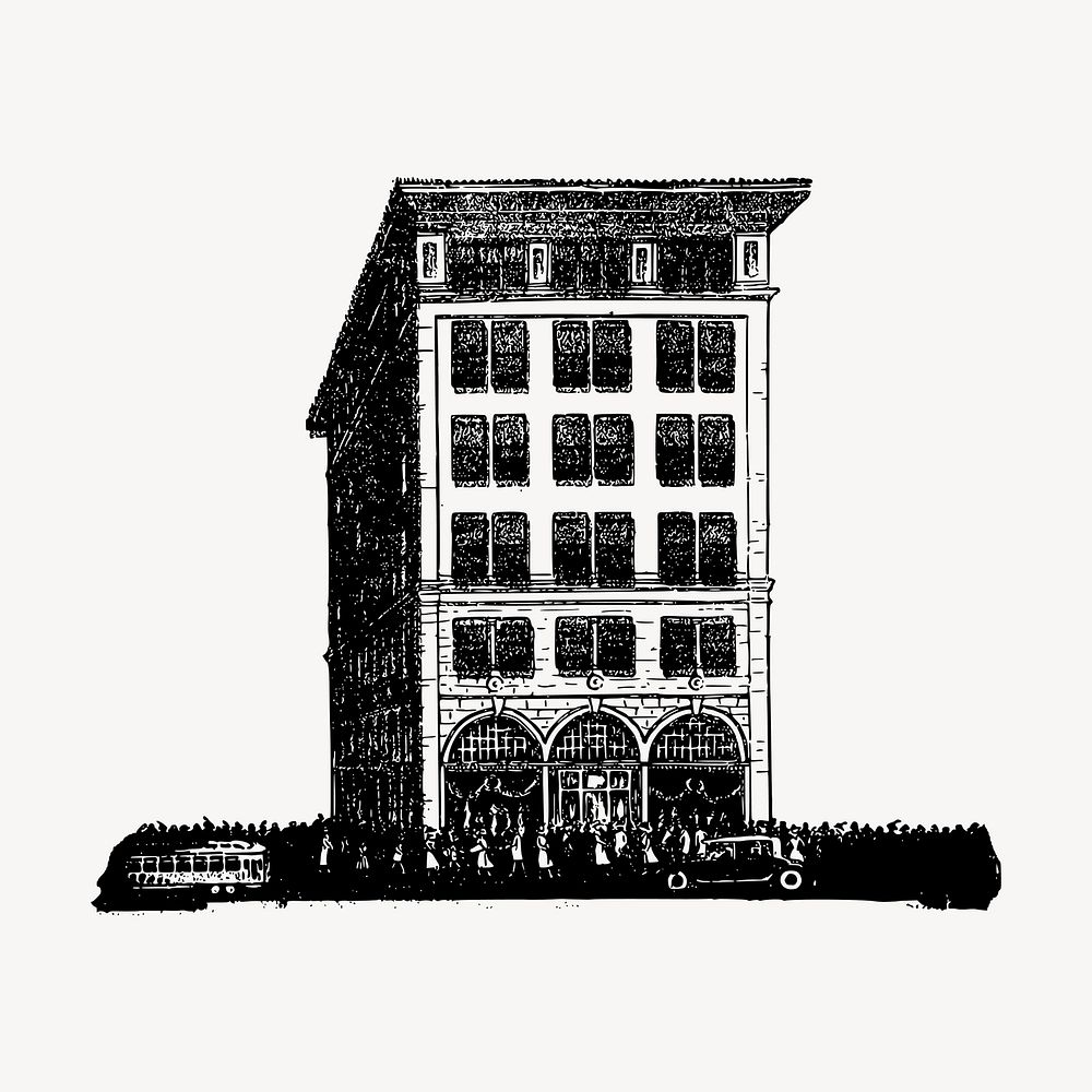 Hotel building drawing, vintage architecture illustration vector. Free public domain CC0 image.