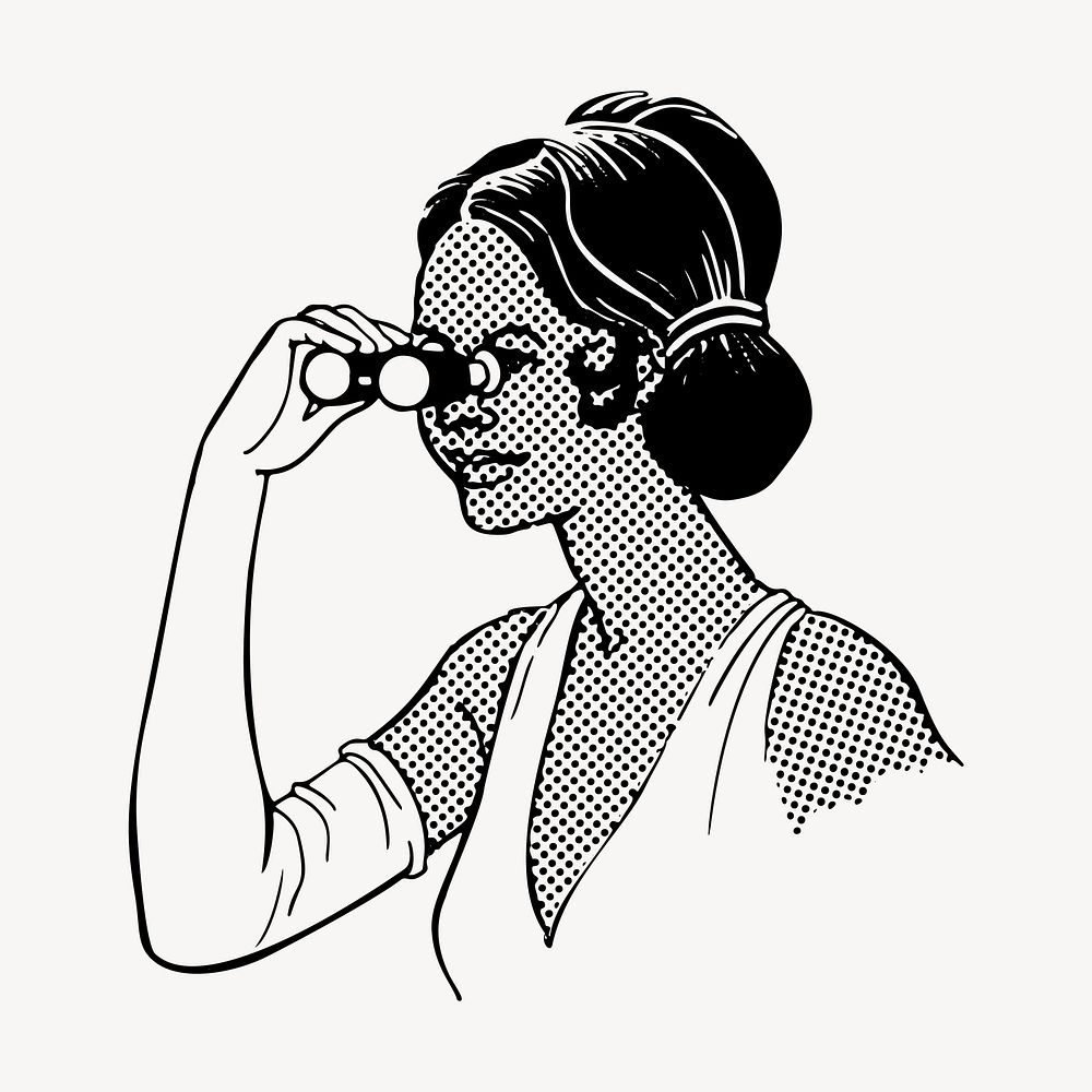 Woman looking through opera glasses drawing, vintage illustration vector. Free public domain CC0 image.
