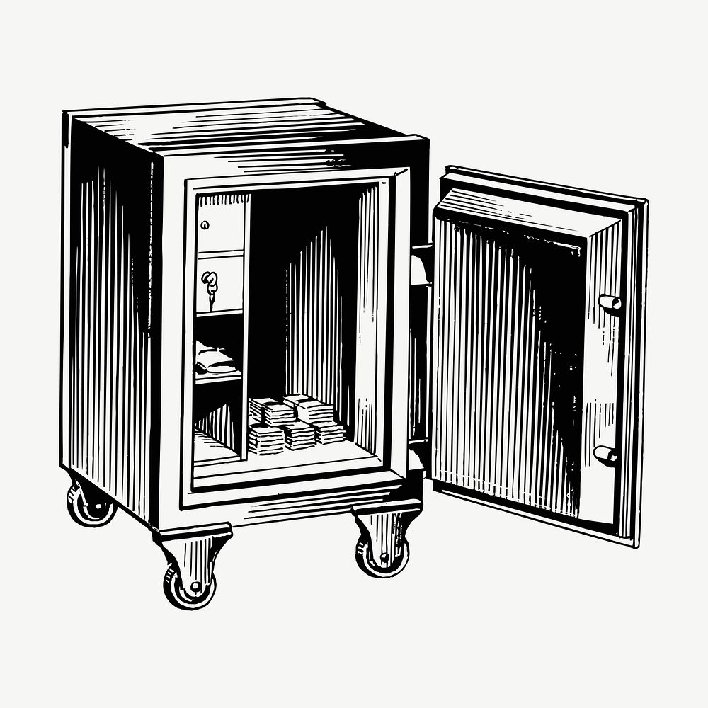 Money stored in a safe drawing, vintage finance illustration. Free public domain CC0 image.