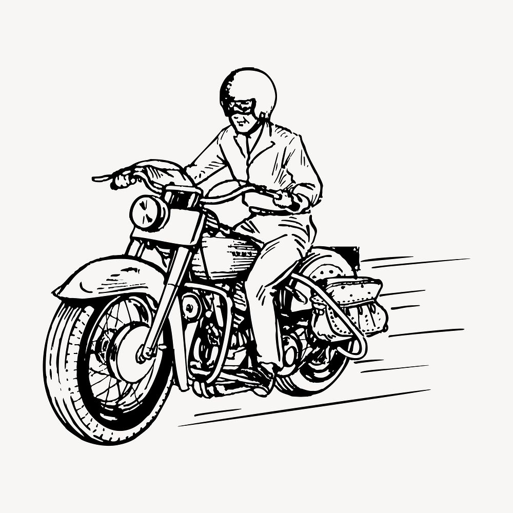 Biker riding motorcycle drawing, vintage transportation illustration vector. Free public domain CC0 image.