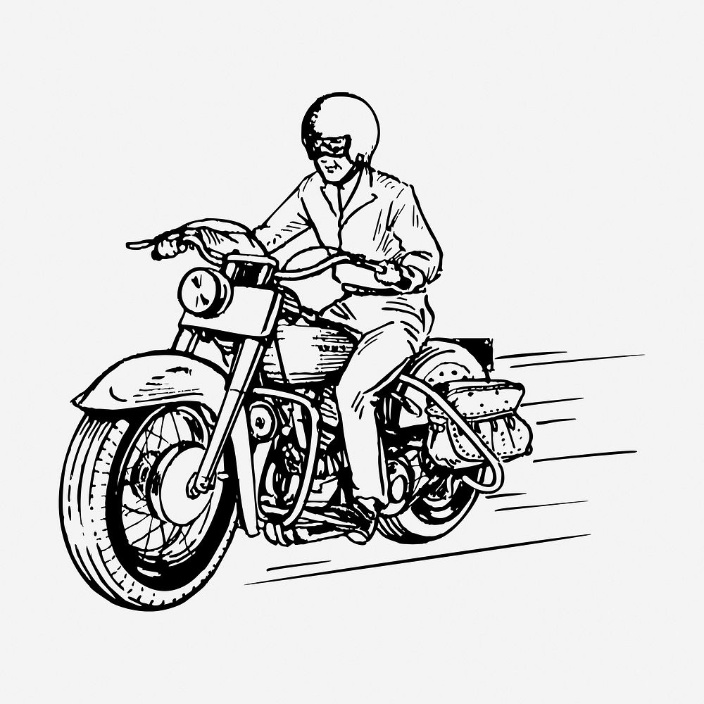 Biker riding motorcycle drawing, vintage transportation illustration. Free public domain CC0 image.