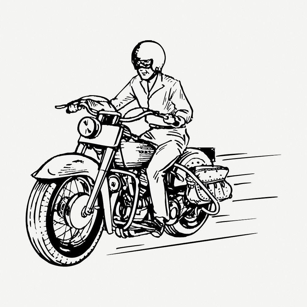 Biker riding motorcycle drawing, vintage transportation illustration psd. Free public domain CC0 image.