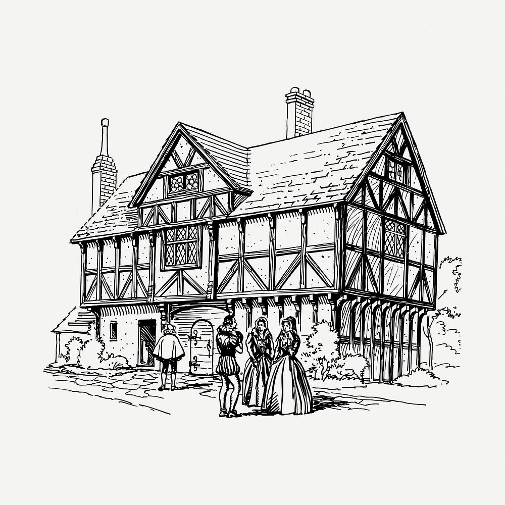 Medieval building drawing, vintage architecture illustration psd. Free public domain CC0 image.