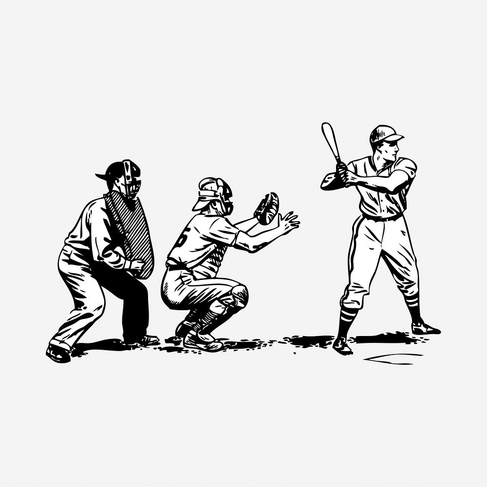 Baseball players drawing, sport vintage illustration. Free public domain CC0 image.