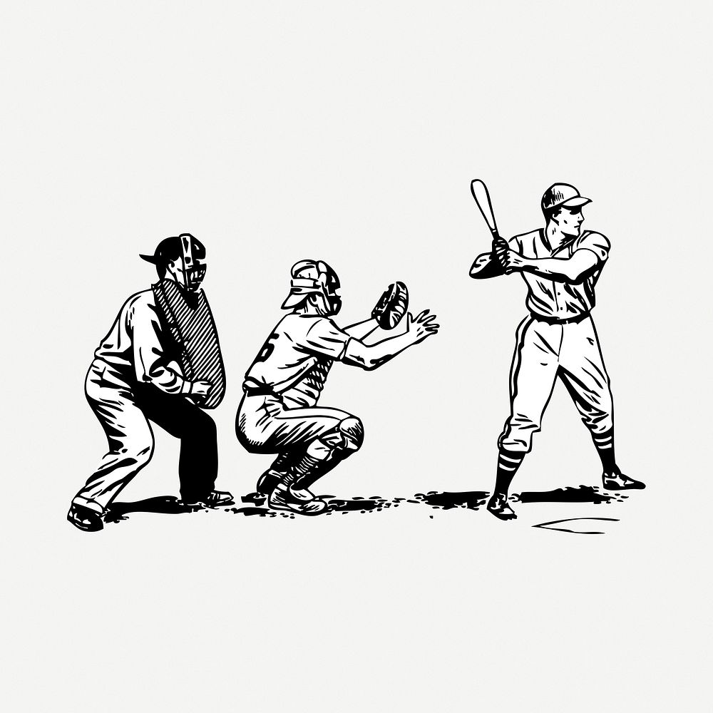 Baseball players drawing, sport vintage illustration psd. Free public domain CC0 image.