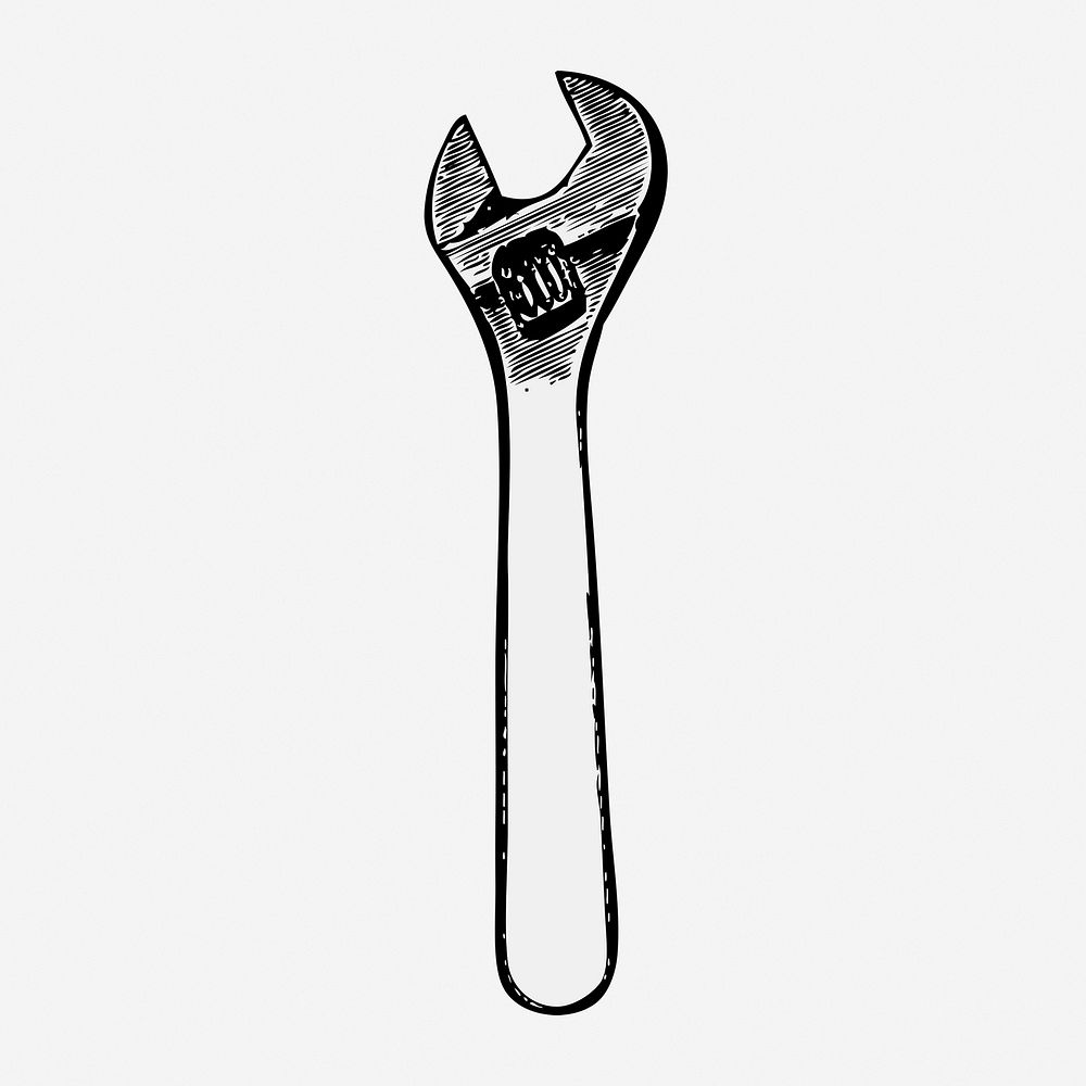 Adjustable wrench drawing, tool vintage illustration. Free public domain CC0 image.