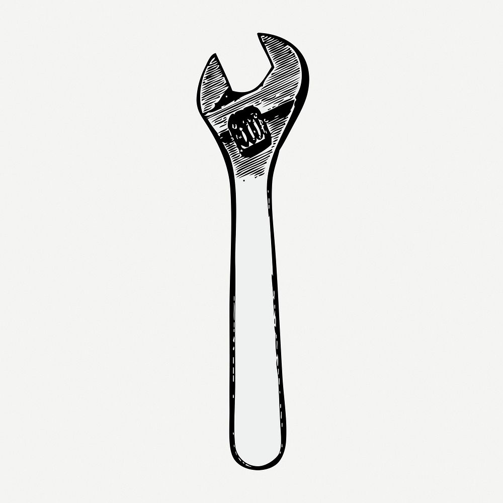 Adjustable wrench drawing, tool vintage illustration psd. Free public domain CC0 image.