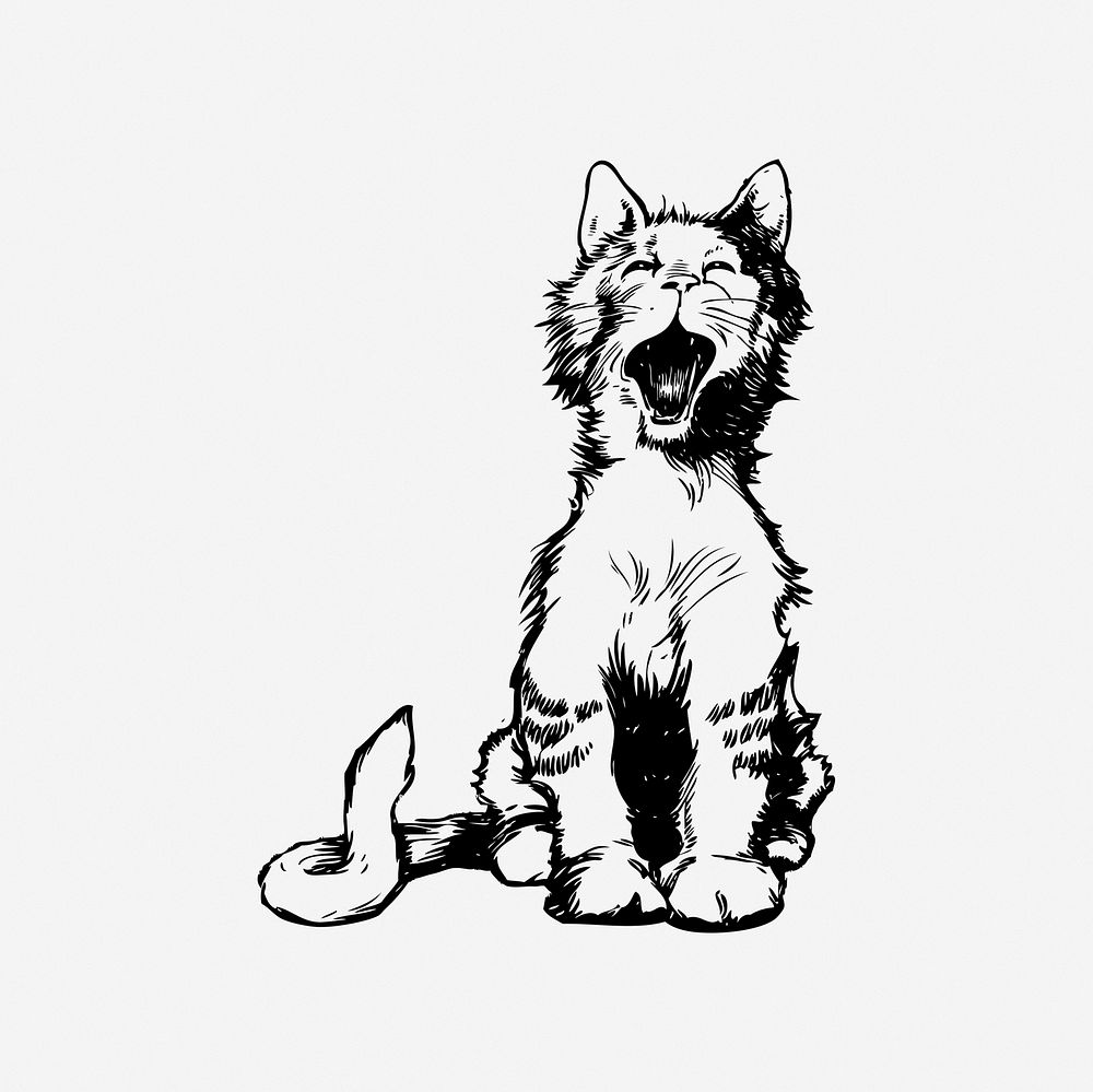 Yawning cat clipart, animal vintage illustration vector. Free public domain CC0 image.