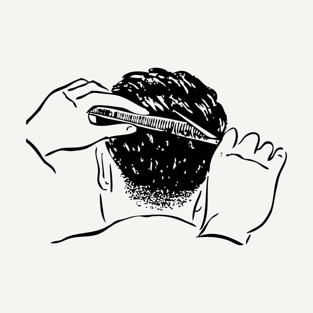 Hands cutting man's hair drawing, vintage illustration psd. Free public domain CC0 image.