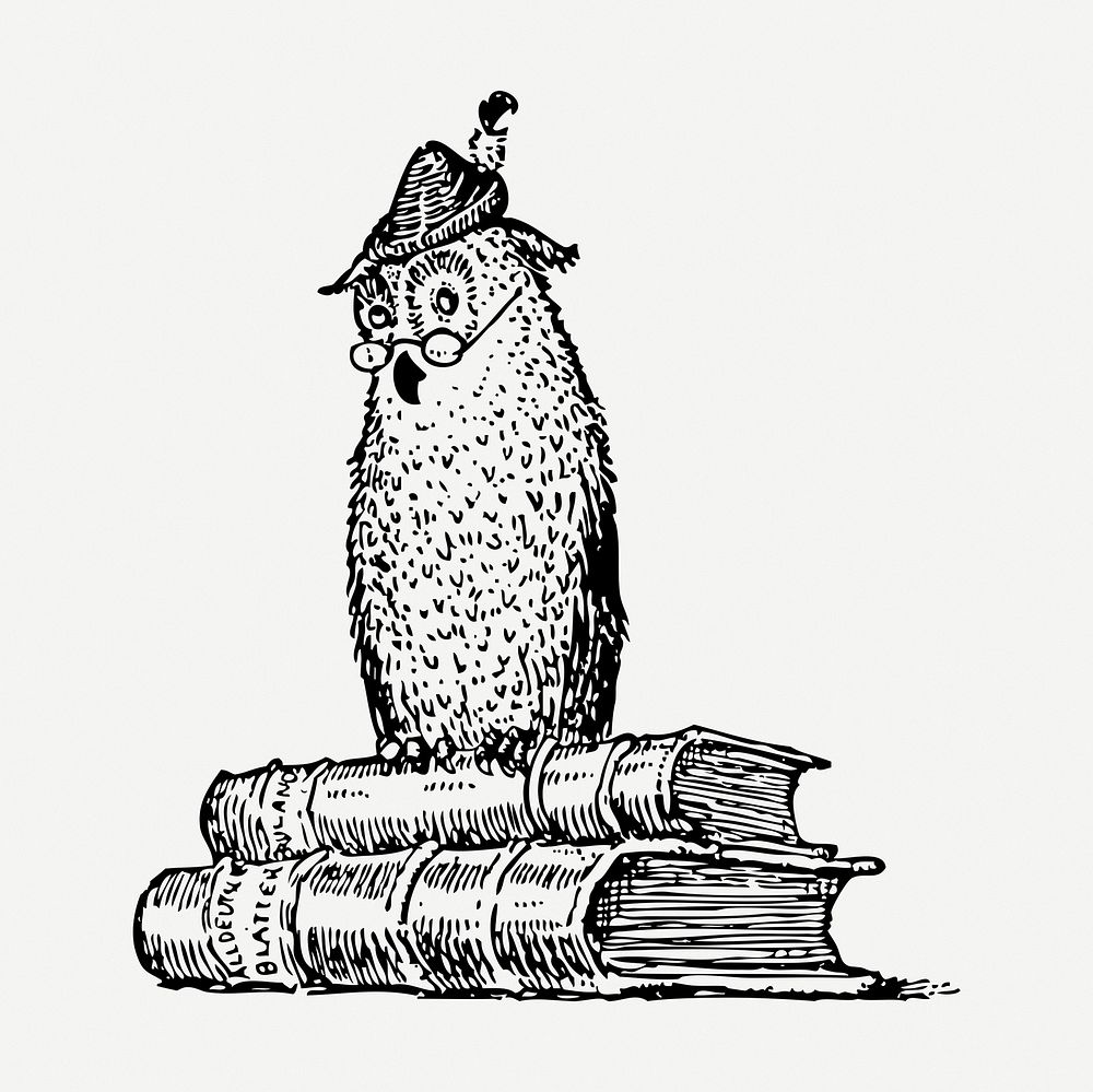 Owl books drawing, Athena symbol vintage illustration psd. Free public domain CC0 image.