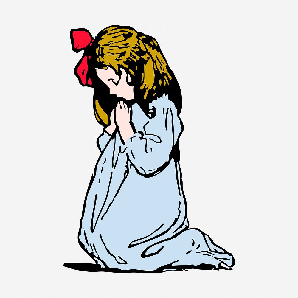 Praying little girl clipart, vintage illustration vector. Free public domain CC0 image.