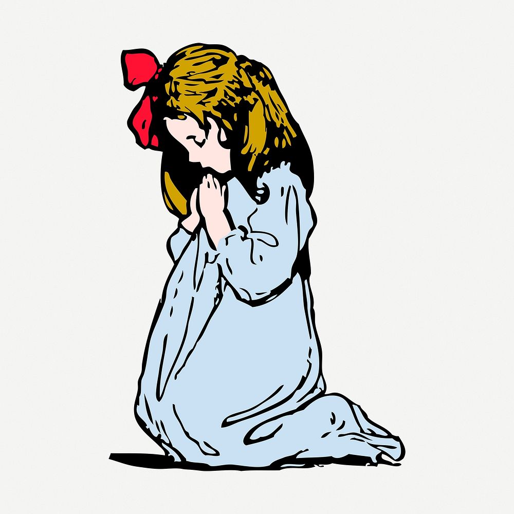 Praying little girl sticker, vintage illustration psd. Free public domain CC0 image.