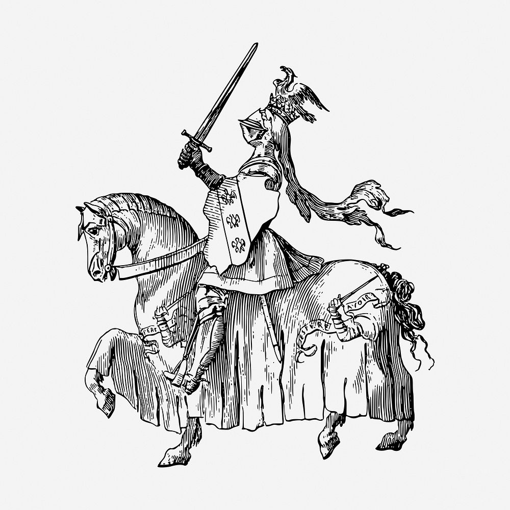 Knight riding horse drawing, medieval illustration. Free public domain CC0 image.