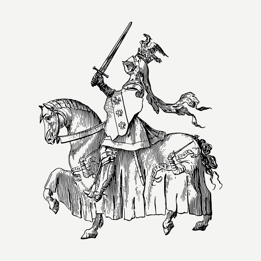 Knight riding horse drawing, medieval illustration psd. Free public domain CC0 image.