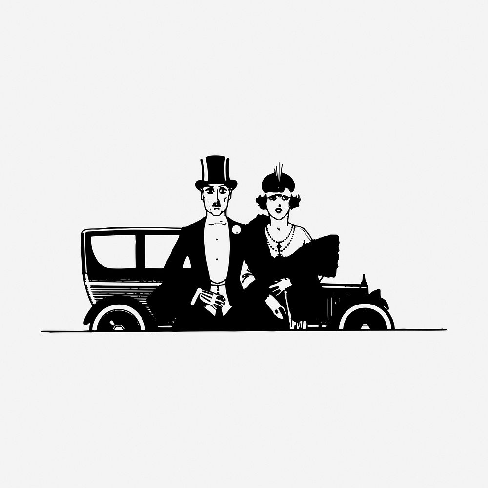 Vintage couple arriving event drawing. Free public domain CC0 image.