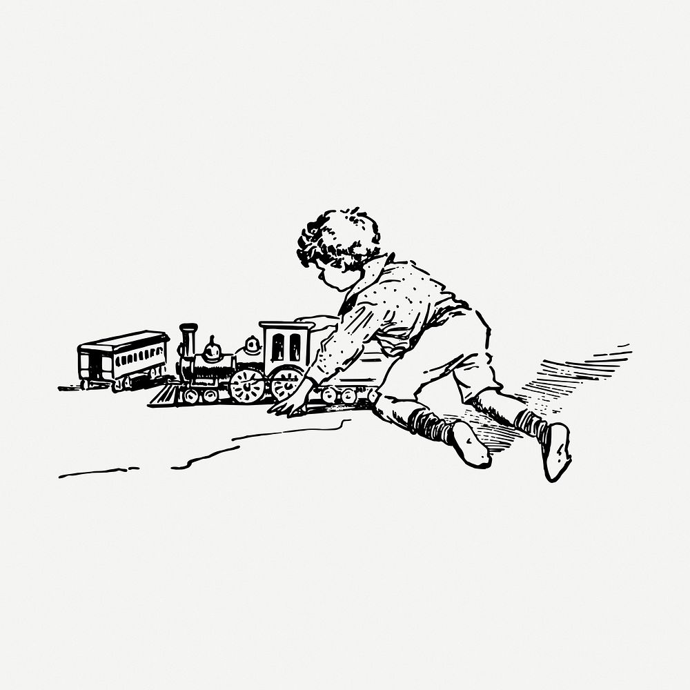 Boy playing with toy drawing,  vintage illustration psd. Free public domain CC0 image.