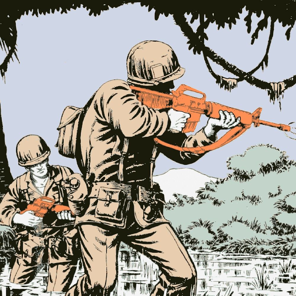 Soldiers with rifles on a mission, vintage illustration vector. Free public domain CC0 image.