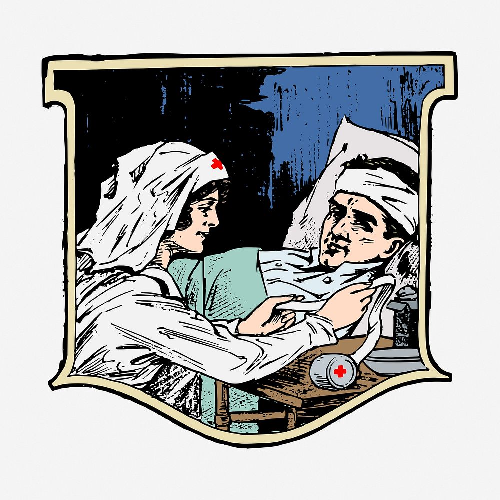 Nurse treating patient clipart, medical vintage illustration vector. Free public domain CC0 image.
