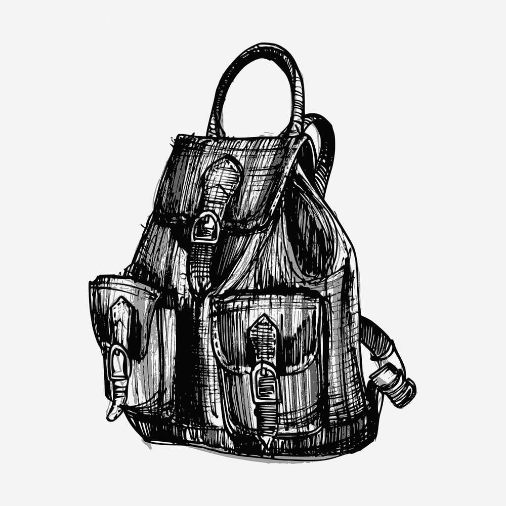 Backpack drawing, vintage illustration psd. Free public domain CC0 image.