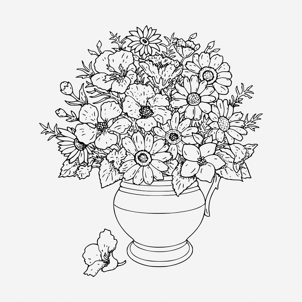 Flower vase drawing, botanical vintage illustration. Free public domain CC0 image.