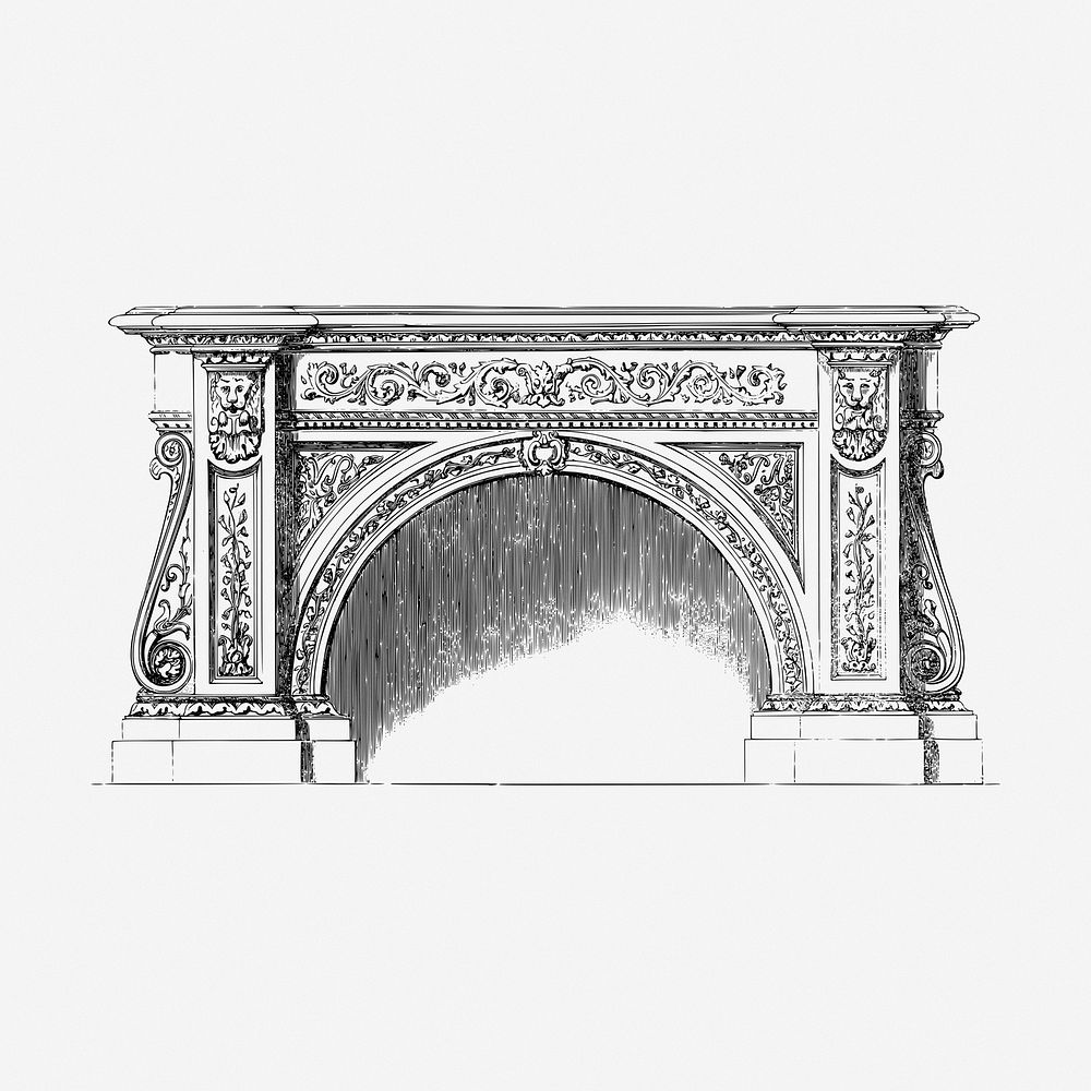 Ornate fireplace clipart, interior vintage illustration vector. Free public domain CC0 image.