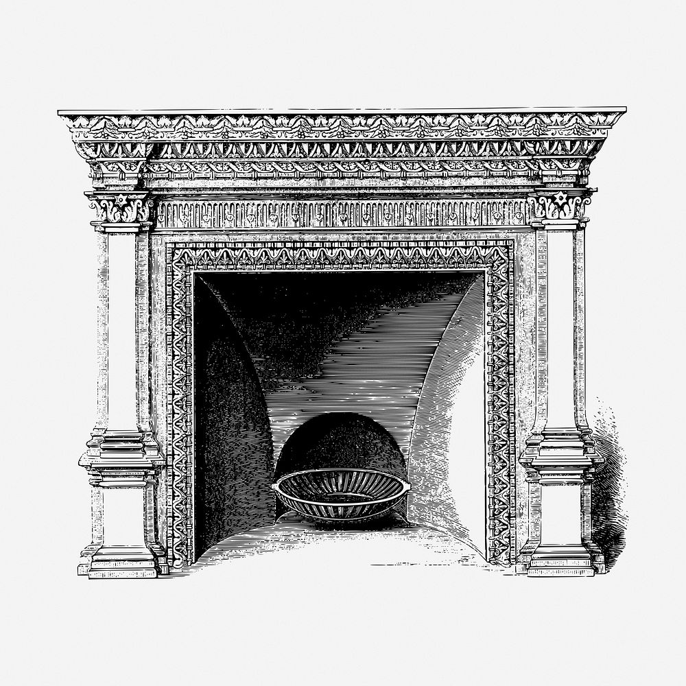 Ornate fireplace drawing, interior vintage illustration. Free public domain CC0 image.