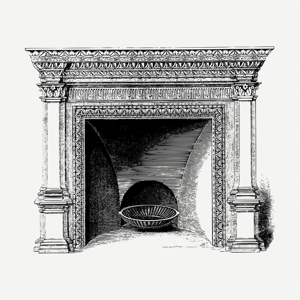 Ornate fireplace drawing, interior vintage illustration psd. Free public domain CC0 image.