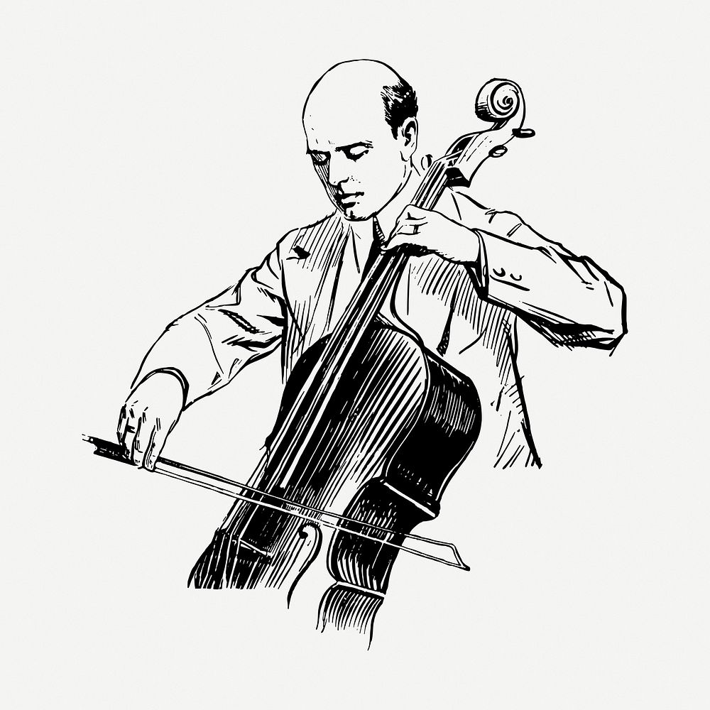 Cellist man drawing, music vintage illustration psd. Free public domain CC0 image.