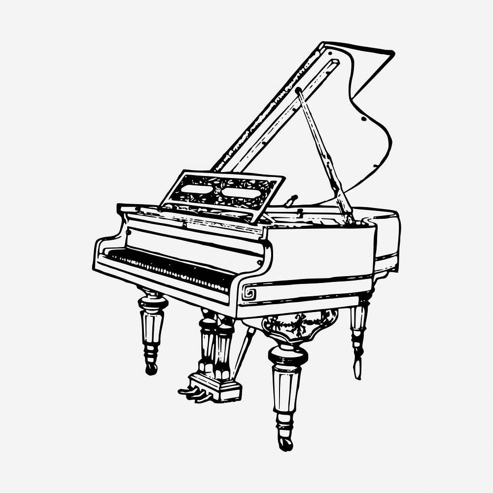 Grand piano drawing, musical instrument vintage illustration. Free public domain CC0 image.