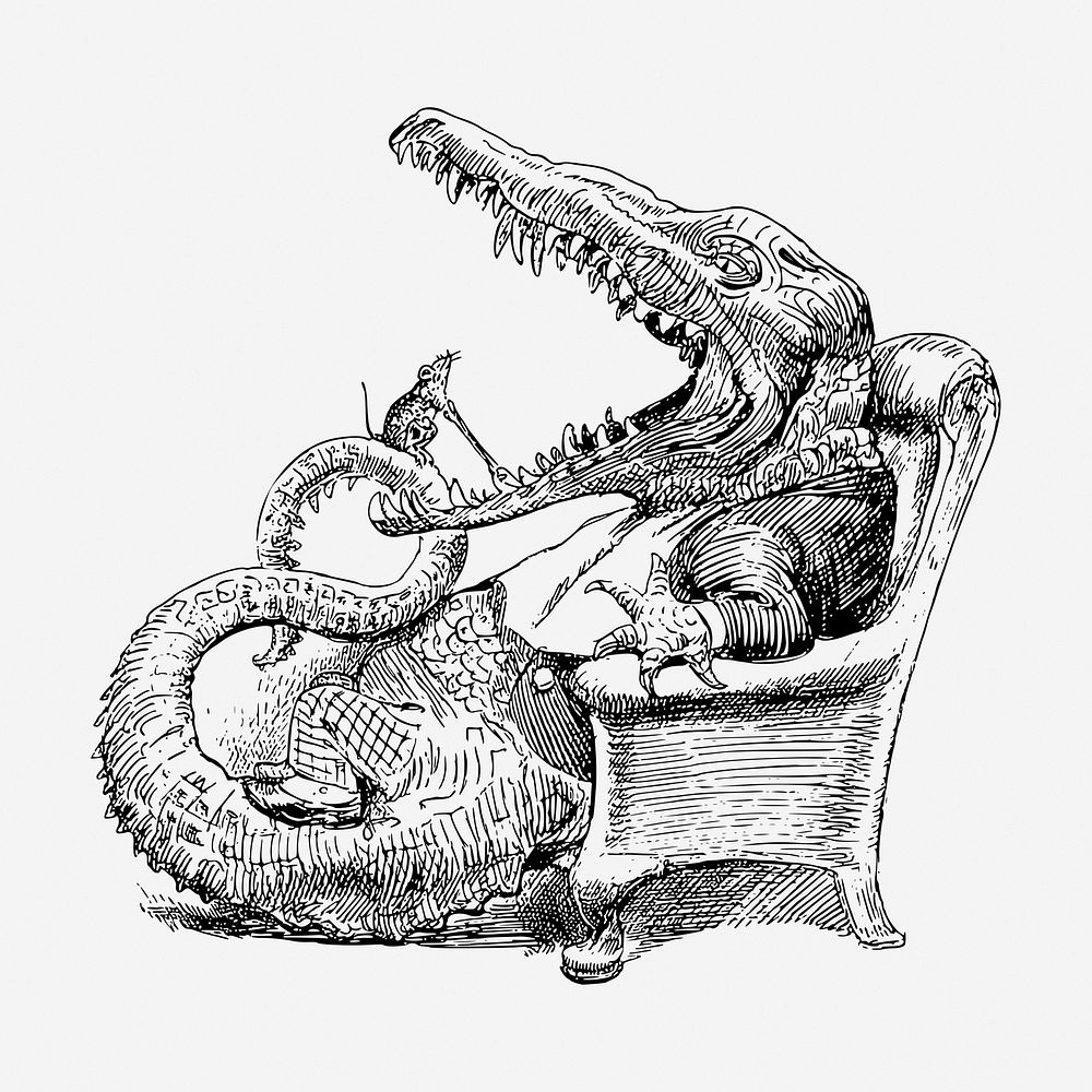 Crocodile at the dentist drawing, animal cartoon illustration. Free public domain CC0 image.