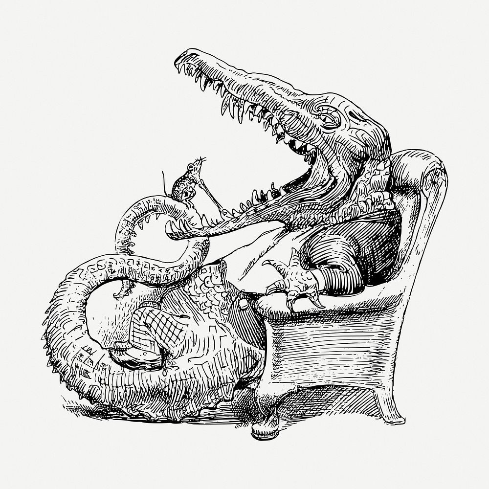 Crocodile at the dentist drawing, animal cartoon illustration psd. Free public domain CC0 image.