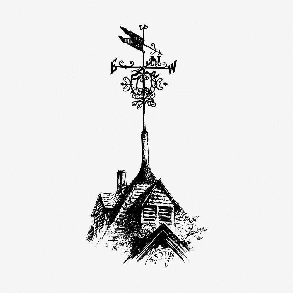 Weather vane drawing, architectural ornament vintage illustration. Free public domain CC0 image.