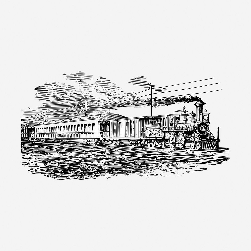 Train drawing, transportation vintage illustration. Free public domain CC0 image.