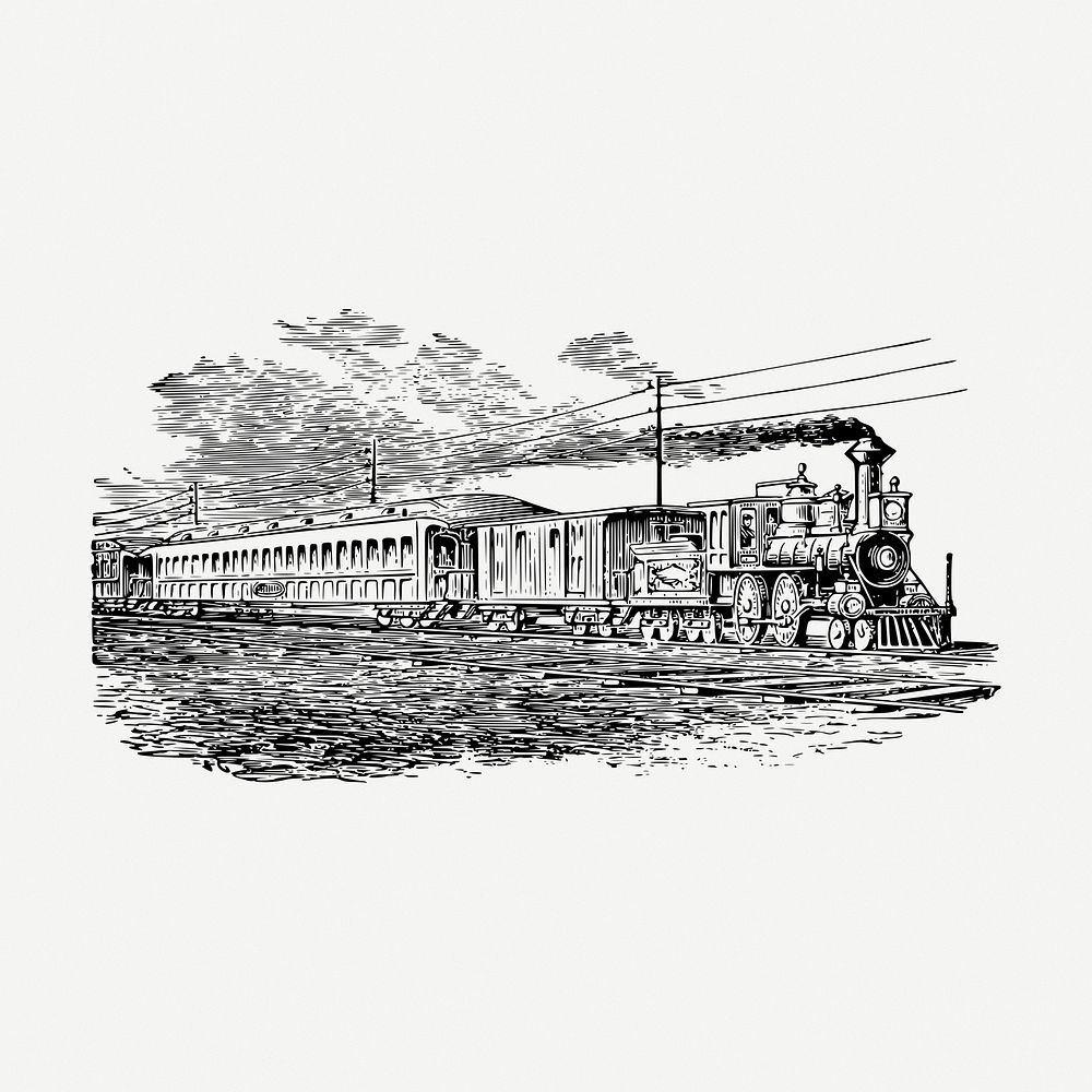 Train drawing, transportation vintage illustration psd. Free public domain CC0 image.